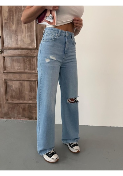 Kadın Wide-leg Fit Ön Ve Arka Lazerli Pençli Yüksek Bel Geniş Paça Kot Pantolon Açık Mavi Mavi