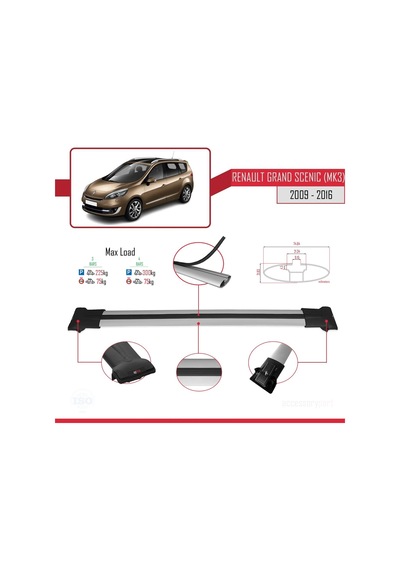 Renault Grand Scenic Mk3 2009-2016 Arası İle Uyumlu Fly Model Ara Atkı Tavan Barı Gri 3 Adet Bar