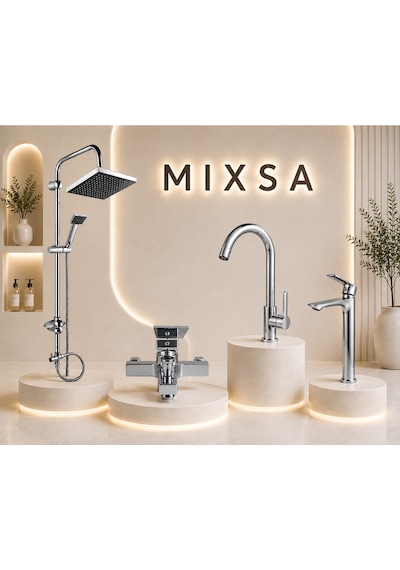 Premium Krom Robot Duş Seti Kare Banyo Bataryası Çanak Lavabo Bataryası Lüx Mutfak Bataryası 4'lü Set