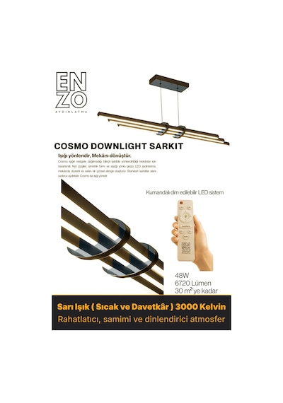 Cosmo Füme Işık Lineer Led Sarkıt Avize Kumandalı Dim Edilir Aşağı Işık Sarı Işık