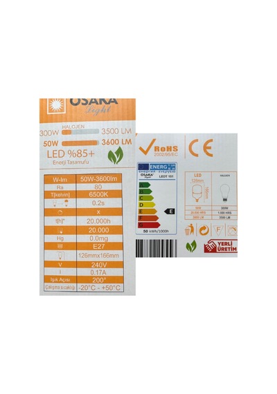 Led Ampul, 50w 300w Eşdeğer , Beyaz Işık, E27 Duy, 3600lm Diğer