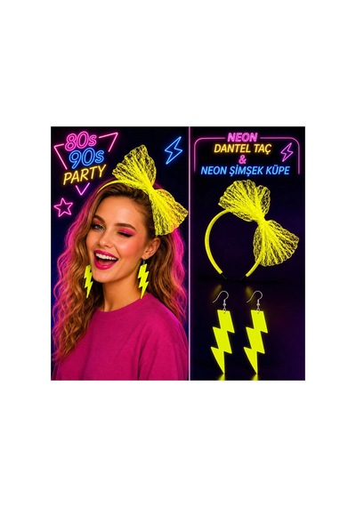 Neon Sarı Dantel Taç Ve Şimşek Küpe 80&amp Apos Ler 90&amp Apos Lar Parti Seti Bx40 Çok Renkli