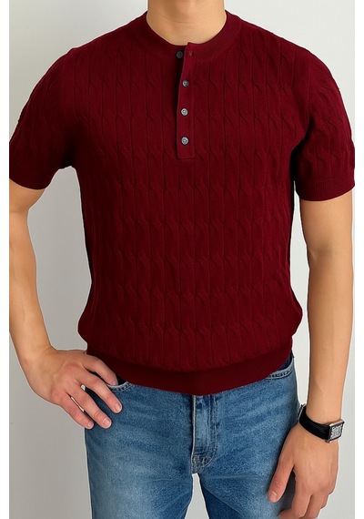 Cool Tarz Erkek Bordo Hakim Yaka Düğmeli Slim Fit Triko T-shirt Bordo Bordo