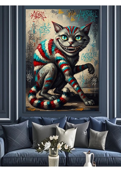 Ahşap Tablo Çizgili Renkli Kedi Pop Art Dekoratif Tablolar