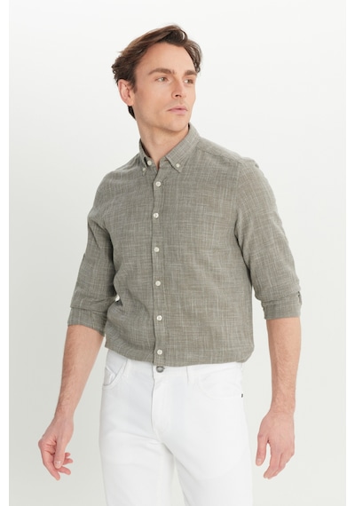 AC&Co / Altınyıldız Classics Erkek Hakı %100 Pamuk Flamlı Slim Fit Dar Kesim Düğmeli Yaka Armürlü Gömlek Haki AC&Co / Altınyıldız Classics Erkek Hakı %100 Pamuk Flamlı Slim Fit Dar Kesim Düğmeli Yaka Armürlü Gömlek Haki