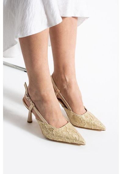 Lebibe Shoes Lısa Kadıngold Sivri Burun 7 Cm Topuklu Çiçek Dantel Desenli Rugan Slingback Ayakkabı Gold