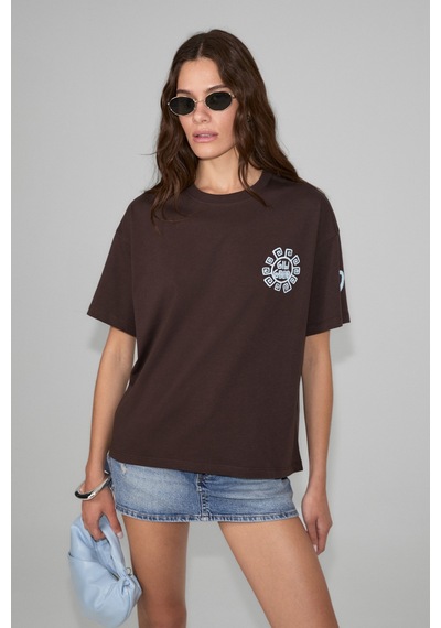 Grımelange Sahara Kadın Yumuşak Ve %100 Organik Pamuklu Baskı Detaylı Kahverengi T-shirt