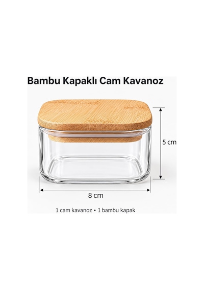 Lexroo Bambu Kapaklı Borosilikat Cam Kavanoz 8 5 Cm, Kare Şeffaf Saklama Kabı, Küçük Tereyağlık
