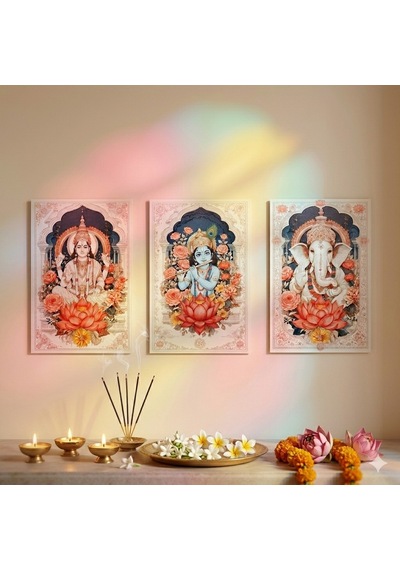 Bohem Hint Tanrıları Ahşap Tablo Serisi - 3 Parça Spiritüel Duvar Sanatı Seti - Ganesha, Vishnu, Krishna Özel Baskı Tablo