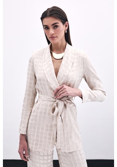 Sateen Kare Desenli Kuşaklı Ceket - Bej-135789 Bej