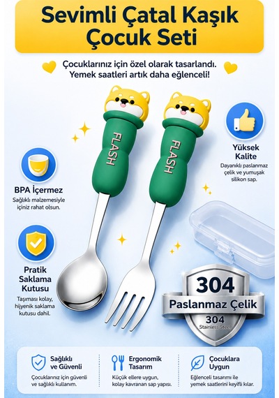 Yeşil Renk Ayı Figürlü Premium Çocuk Bpa Free Paslanmaz Çelik Uçlu Çatal-kaşık Set 24+ Ay
