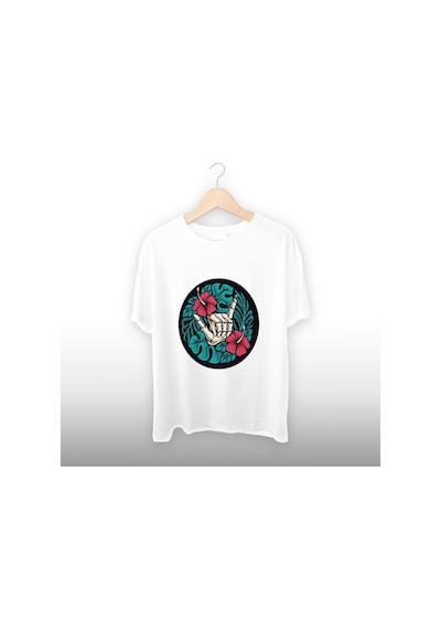 Çiçekli Iskelet Eli Detaylı Unisex Tişört Beyaz