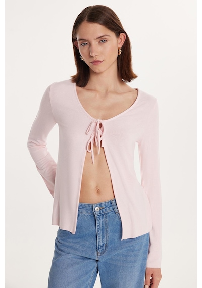 Tudors Kadın Regular Fit Uzun Kollu U Yaka Bağlama Detaylı Viskon Pembe Hırka-34446 Pembe
