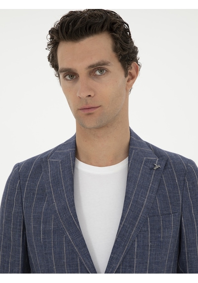 Cacharel İndigo Slim Fit %100 Keten Ceket Mavi