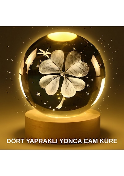 Yonca - 403 - Bitki Figürlü Led Işıklı Cam Küre Usb Ahşap Standlı - Csmo-tex - Gece Lambası