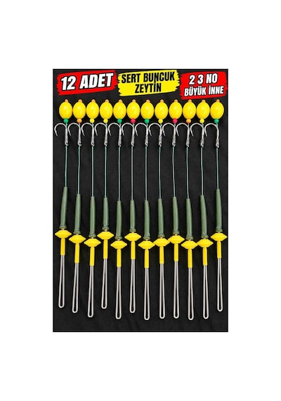 12 Adet Sarı Zeytin Yüzen Model Sazan Olta Takımı Büyük Iğneli Hazır Rig Ve Boli Seti