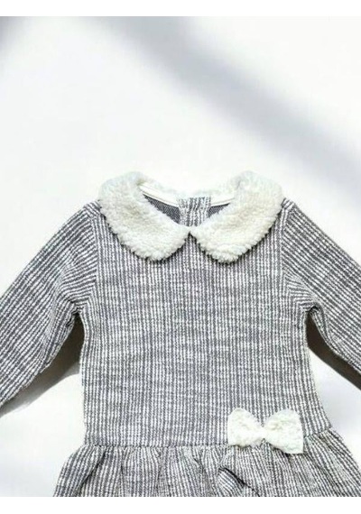 Çikoby Kız Bebek Peluş Detaylı Desenli Elbise-14889 Gri
