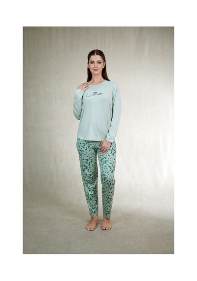 Estiva Kadın Flora Alt Desenli Soft Uzun Kollu Pijama Takımı Yeşil