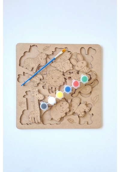 Çocuklar İçin Zeka Ve Beceri Geliştiren Safari Ahşap Boyama Puzzle Seti