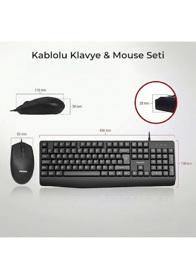 Philips SPT6237 Kablolu Türkçe Q Klavye ve Mouse Seti Siyah