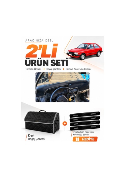 Mazda 323 Bd Eski Kasa 1980-1985 Uyumlu Torpido Örtüsü + Deri Bagaj Çantası + Sticker - Siyah Gri