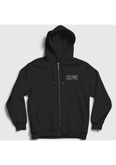 Presmono Unisex Black Ac/dc Fermuarlı Kapüşonlu Sweatshirt Siyah