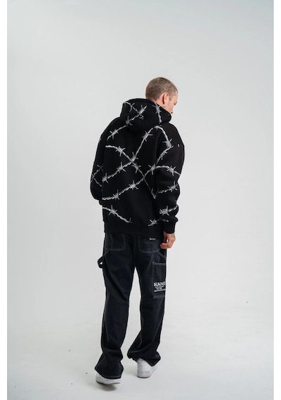 Erkek Kapüşonlu Varak Ve Pano Baskılı Hoodie Sweatshirt- Siyah