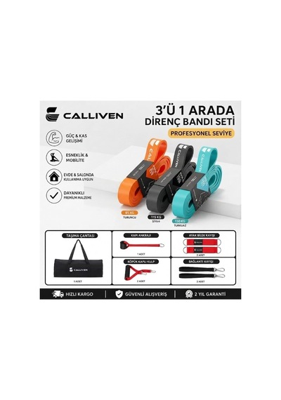 Calliven Premium Direnç Lastiği Seti 4'lü - Kapı Ankrajlı, El Tutacaklı, Ayak Bilek Kayışlı Fitness Bandı 12li Genel