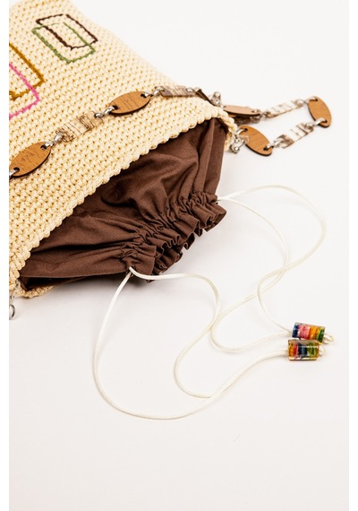 Fabric Craft Bag Örgü Omuz Çantası Metal Zincir Askılı Astarlı Boho Bej - Sütlü Kahve