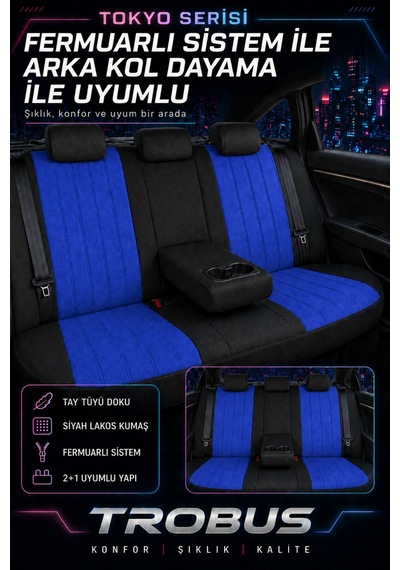 Fiat Albea 2002-2012 Bel Destekli Tay Tüyü Koltuk Kılıfı Tokyo Serisi Mavi Siyah