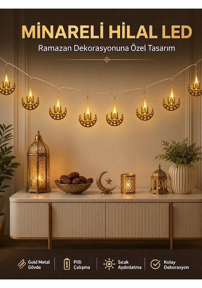 Dekoratif Minareli Hilal Led Işık Metal Gövdeli Ramazan Aydınlatma Çok Renkli 00952688