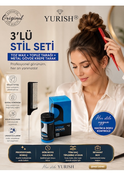 3'lü Stil Seti Toz Wax + Topuz Tarağı + Metal Gövde Krepe Tarak 0
