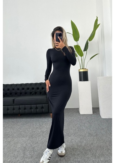 Winmoda34 Trend Kadın Siyah Hailey Uzun Kollu Maxi Elbise Siyah