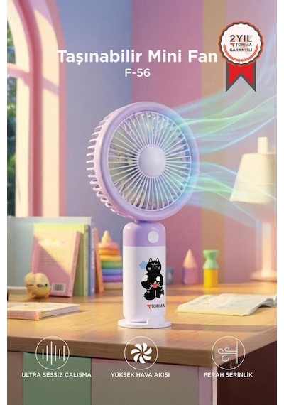 Şarjlı El Vantilatörü Masaüstü Stantlı 3 Kademeli Taşınabilir Mini Fan F56 Mor