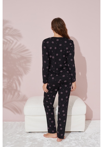 Siyah İnci Pamuklu Pijama Takımı 7763 Siyah Pembe Çiçek