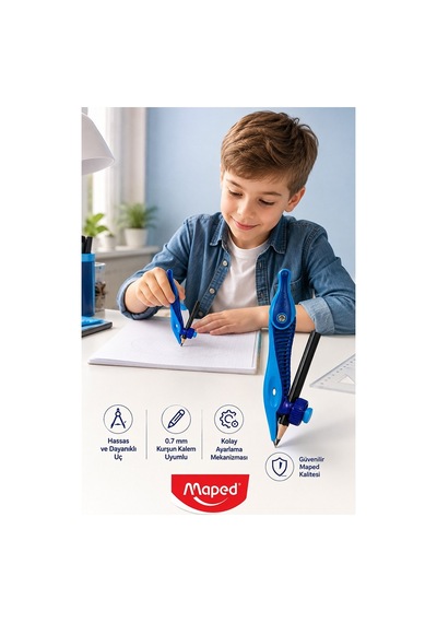 Mavi Plastik Pergel Kurşun Kalemli 1 Adet Maped Kidz 191611 Pergel Matematik Geometri Mimari Proje Teknik Çizim