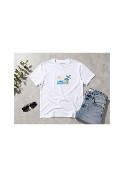 Me Selection Deniz Kum Güneş Tasarım %100 Pamuk Unisex Basic Tişört Beyaz