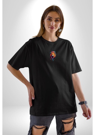 Renkli Yağlı Boya Aslan Siyah Oversize Unisex Ön Orta Minimal Baskılı Tişört Siyah