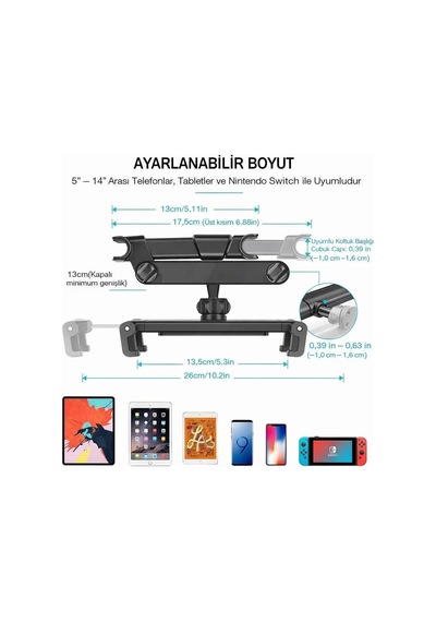 Tr Araç Koltuk Arkası Tablet Ve Telefon Tutucu 5-14 İnç Uyumlu, 360 Ayarlanabilir, Şarj Girişli, Çocuk Ve Y