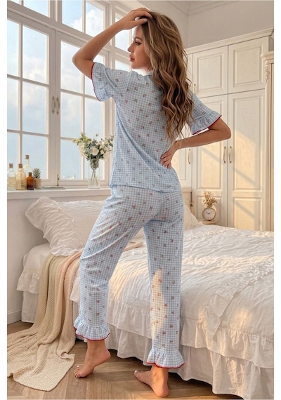 Bella Notte Mavi Soft Kiraz Desenli Kısa Kollu Yazlık Pijama Takımı