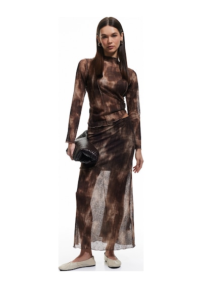 Koton Astarlı Batik Desenli Slim Fit Midi Boy Etek Kahverengi Desenli 5sak10313ek
