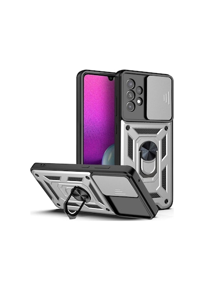 Samsung Galaxy A73 Uyumlu Tank Kılıf Yüzük Standlı Extra Darbe Koruma Zırhlı Outdoor Kapak Gri