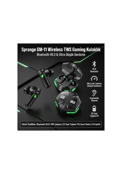Sprange Gm-11 Bluetooth 6.0 Dijital Ekranlı Pro Oyuncu Tws Kablosuz Kulaklık Siyah