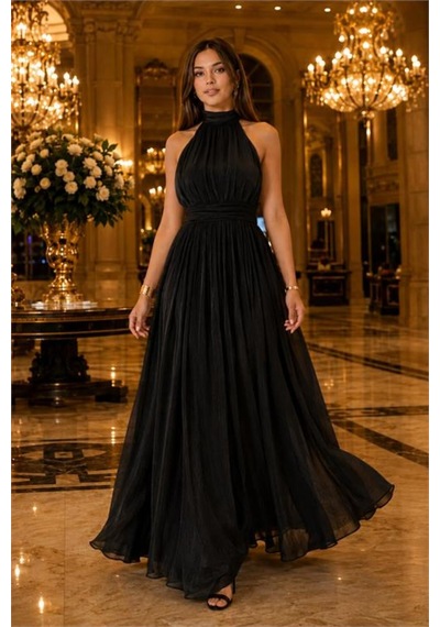 Neşeli Butik Kadın Siyah Halter Yaka Janjan Kumaş Premium Abiye Elbise Nbmy4128