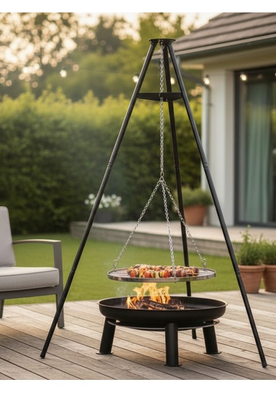 Ateş Çukurlu Mangal Tripod Izgara Ayarlanabilir Zincirli Mangal Seti Siyah