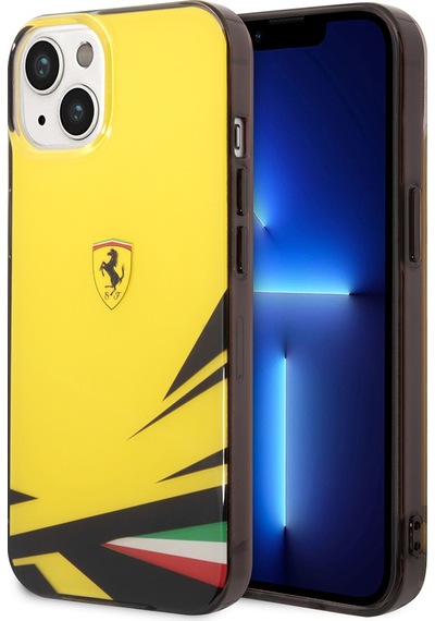 Apple Uyumlu iPhone 14 Kılıf Ferrari Lisanslı Baskı Logolu İtalyan Bayrak Baskılı Dizayn Kapak Sarı