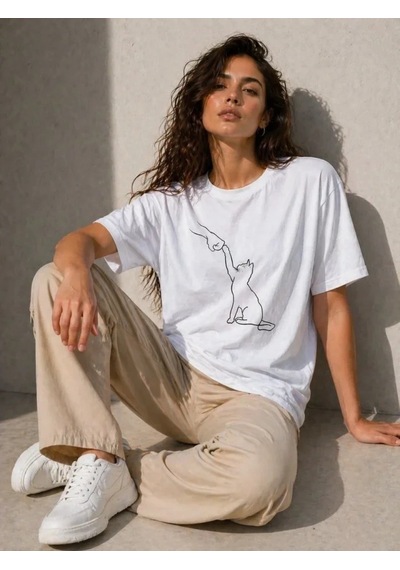 Valensdesign Minimal Kedi Çizim Baskılı Tişört Kısa Kol Yazlık T-shirt - Beyaz