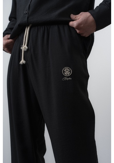 Erkek Keten Oversize Gömlek Pantolon Takım Siyah