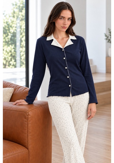 Nisanca Premium Soft Dokulu Kadın Düğmeli Uzun Kollu Pijama Takımı Fitilli Kumaş, Desenli Uzun Alt, 2'li Takım Lacivert