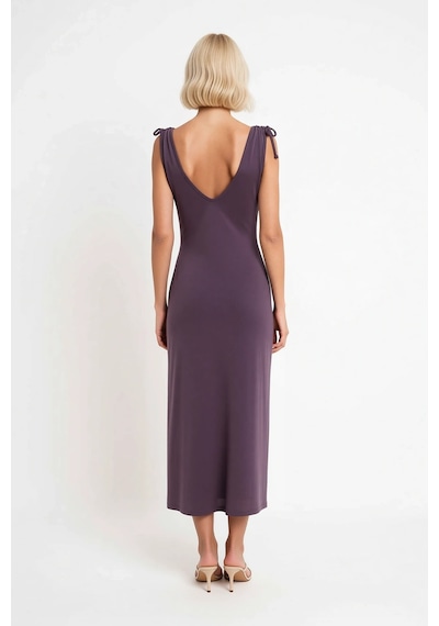 Benerly Kadın Kolsuz V Yaka Bodycon Maxi Elbise Modal Kumaş Bağlama Detay Mürdüm